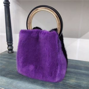 Women's Mink Handbag with Bracelet and Mink PomPom