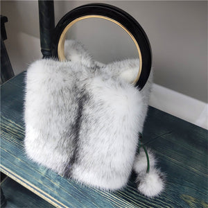 Women's Mink Handbag with Bracelet and Mink PomPom