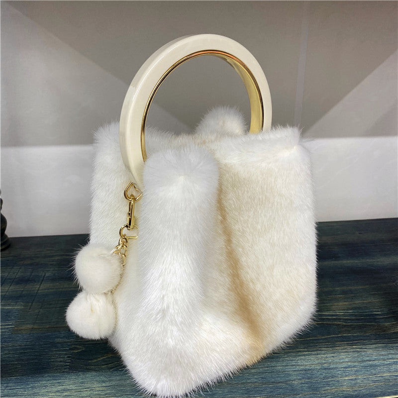 Women's Mink Handbag with Bracelet and Mink PomPom