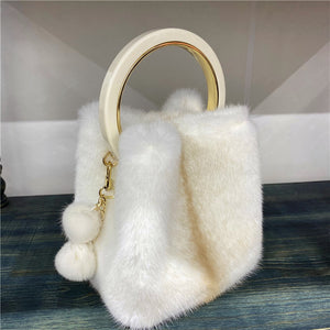 Women's Mink Handbag with Bracelet and Mink PomPom
