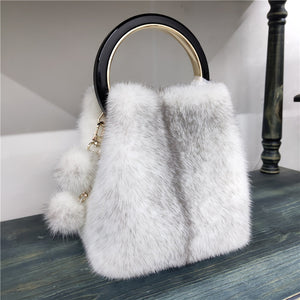 Women's Mink Handbag with Bracelet and Mink PomPom