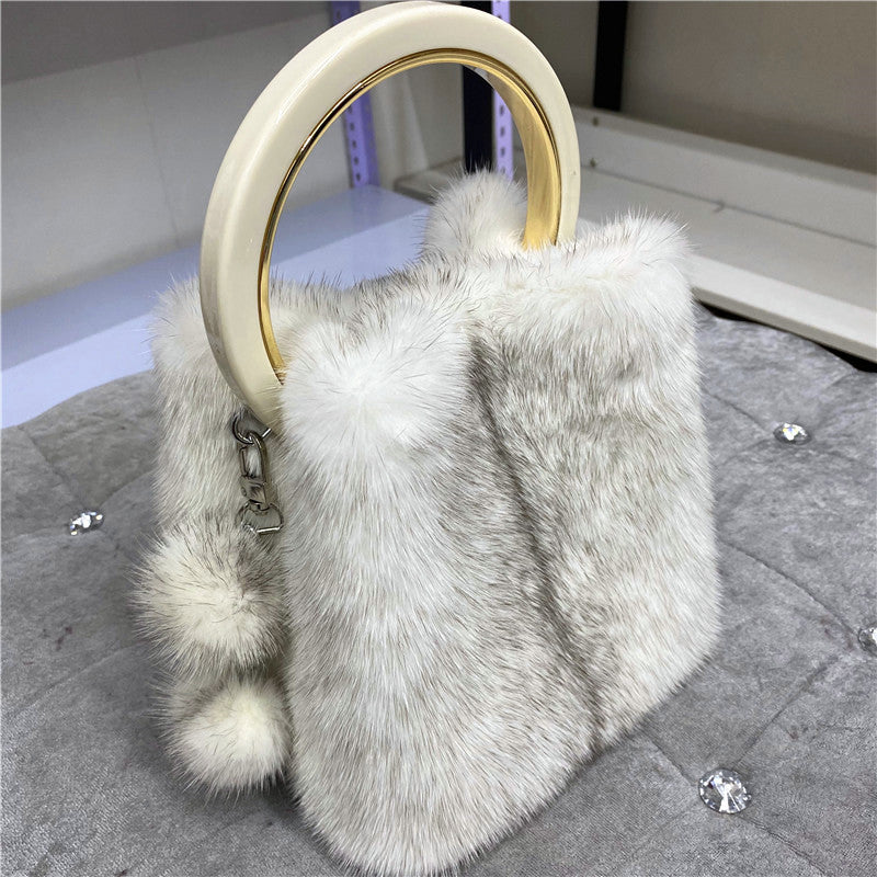 Women's Mink Handbag with Bracelet and Mink PomPom