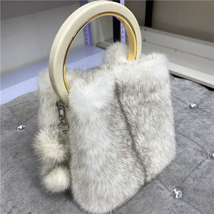 Women's Mink Handbag with Bracelet and Mink PomPom