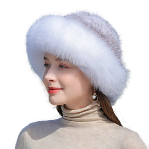 Women's Real Fox Fur Bucket Hat with Mink Fur