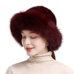 Women's Real Fox Fur Bucket Hat with Mink Fur