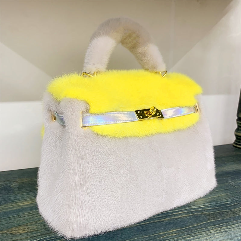Womens Real Mink Fur Mini Kelly Bag