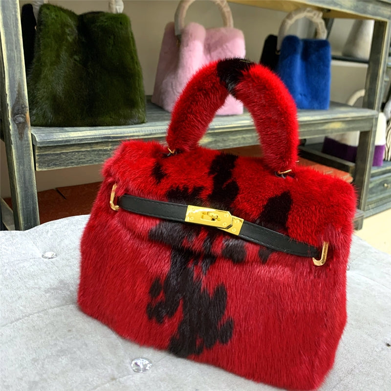 Womens Real Mink Fur Mini Kelly Bag