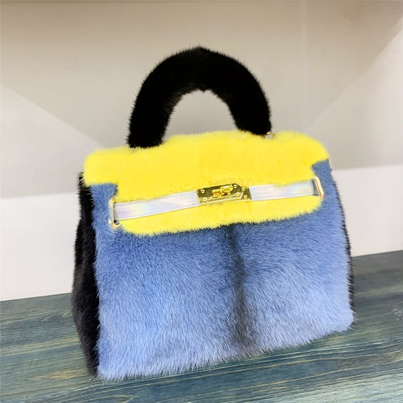 Womens Real Mink Fur Mini Kelly Bag