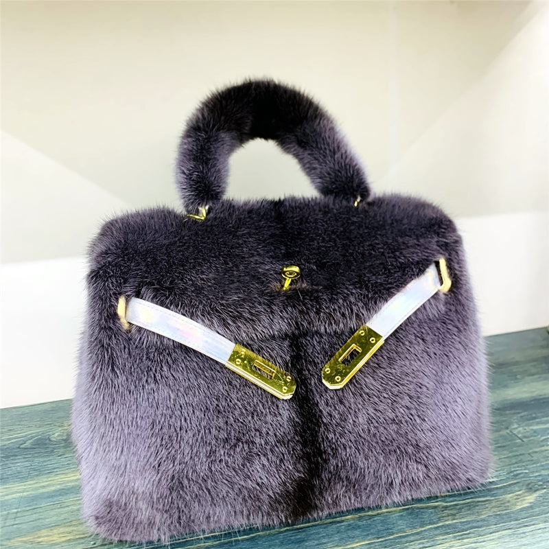 Womens Real Mink Fur Mini Kelly Bag