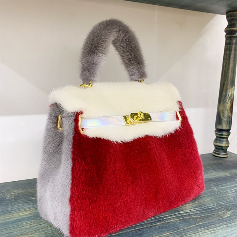 Womens Real Mink Fur Mini Kelly Bag