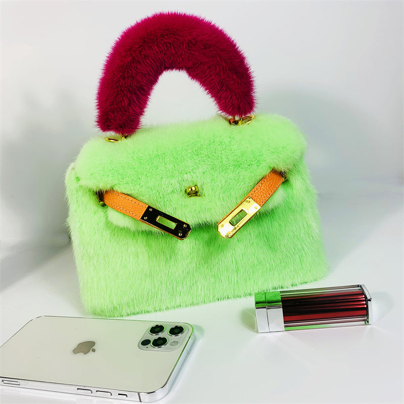 Womens Real Mink Fur Mini Kelly Bag