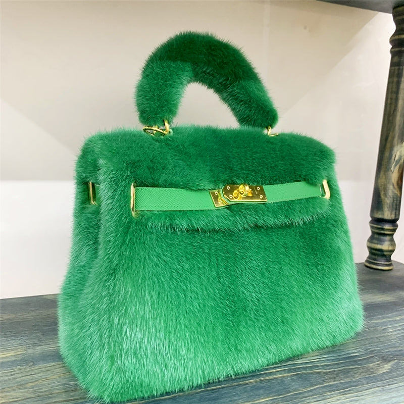 Womens Real Mink Fur Mini Kelly Bag