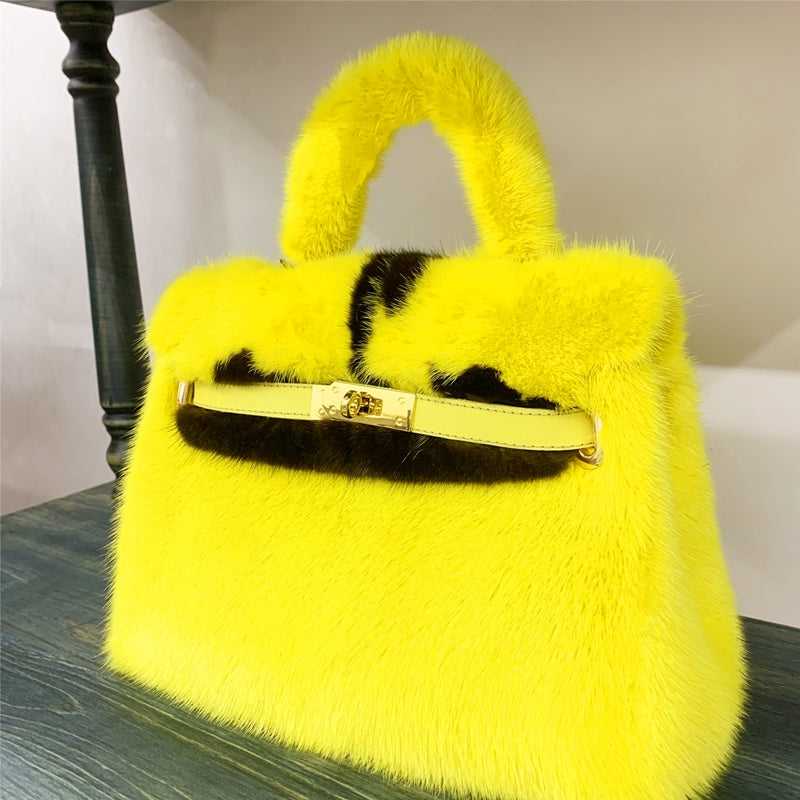 Womens Real Mink Fur Mini Kelly Bag